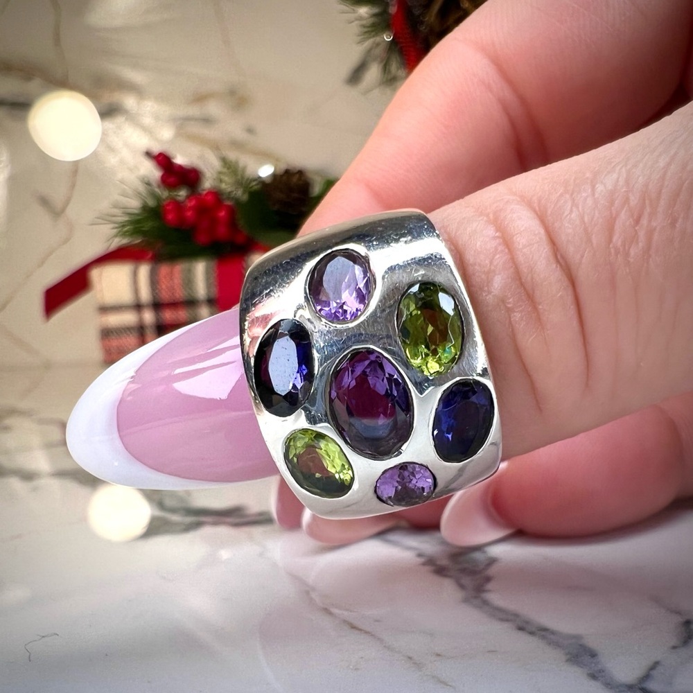 Gorgeous Vintage Heavy Sterling Multi Gemstone Ring 1960's